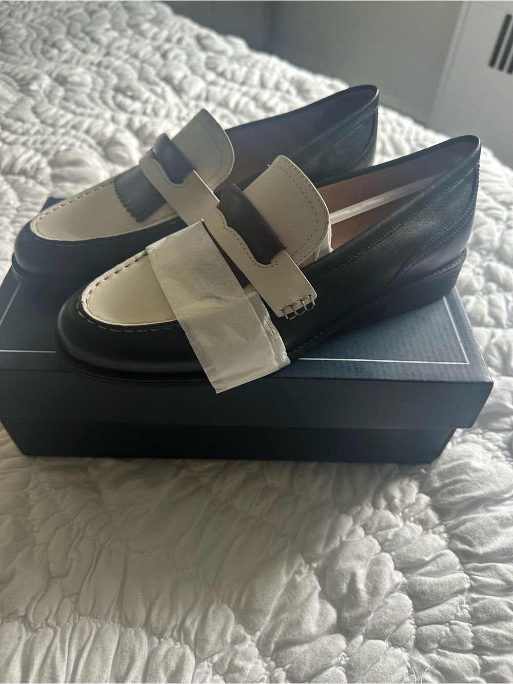 Cole Haan Black and Cream Leather Penny Loafers